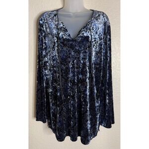 Venezia‎ Womens 18/20 Tunic Top Blue Paisley Crushed Velvet Bell Sleeve V Neck